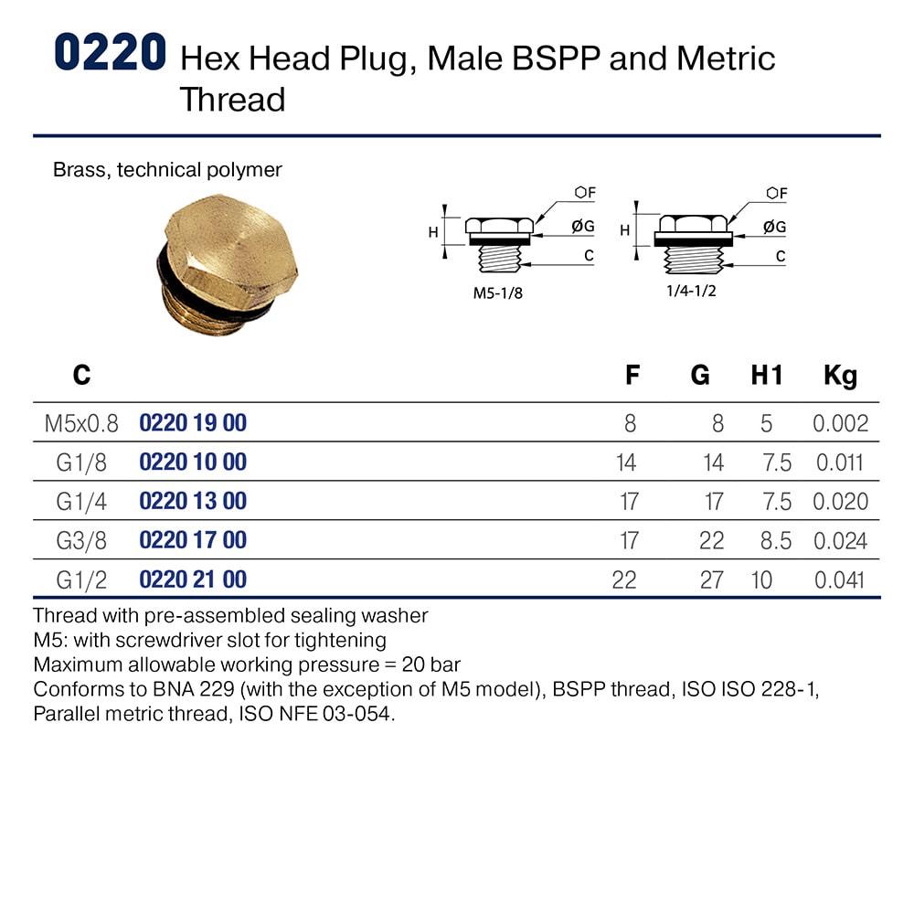 0220 21 00 — Brass Accessories for Compression Fittings — Hex head plug with captive sealing washer male — 21mm - Image 2