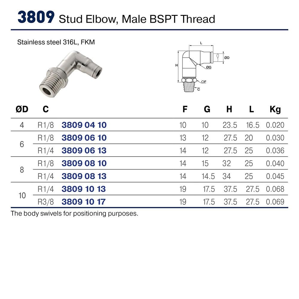3809 08 11 — Stud Elbow, Male NPT Thread — Elbow 90° — 8mm, NPT1/8 - Image 2