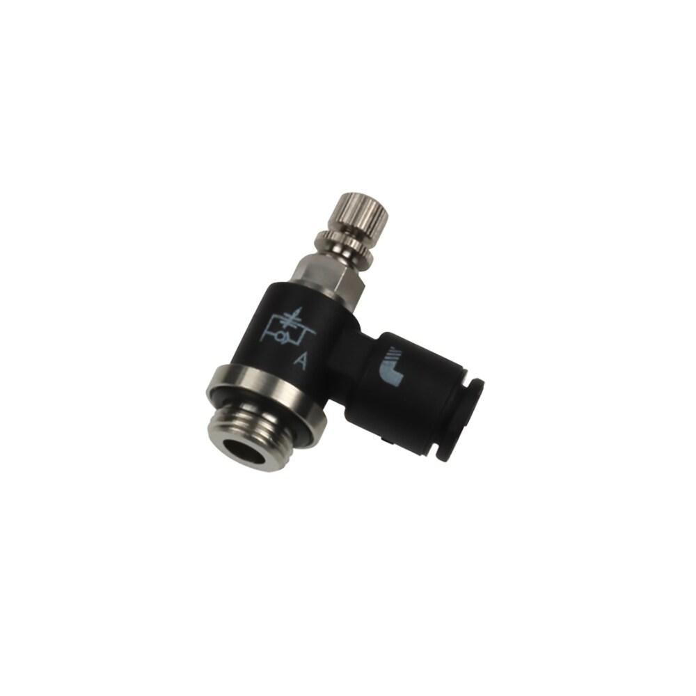 7660 04 10 — Pneumatic Flow Control Regulators in Polymer or Nickel-Plated Brass — Elbow 90° — 4mm, G1/8